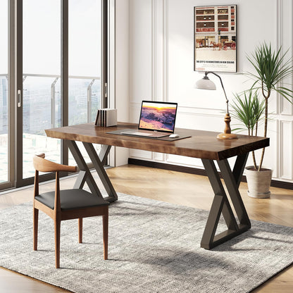 SXXjiaju Solid Wood Desk 55 inches, Home Office Computer Desk Wooden Rustic Writing Desk Metal Modern Simple Design Executive Real Wood Desk(Rustic Brown)