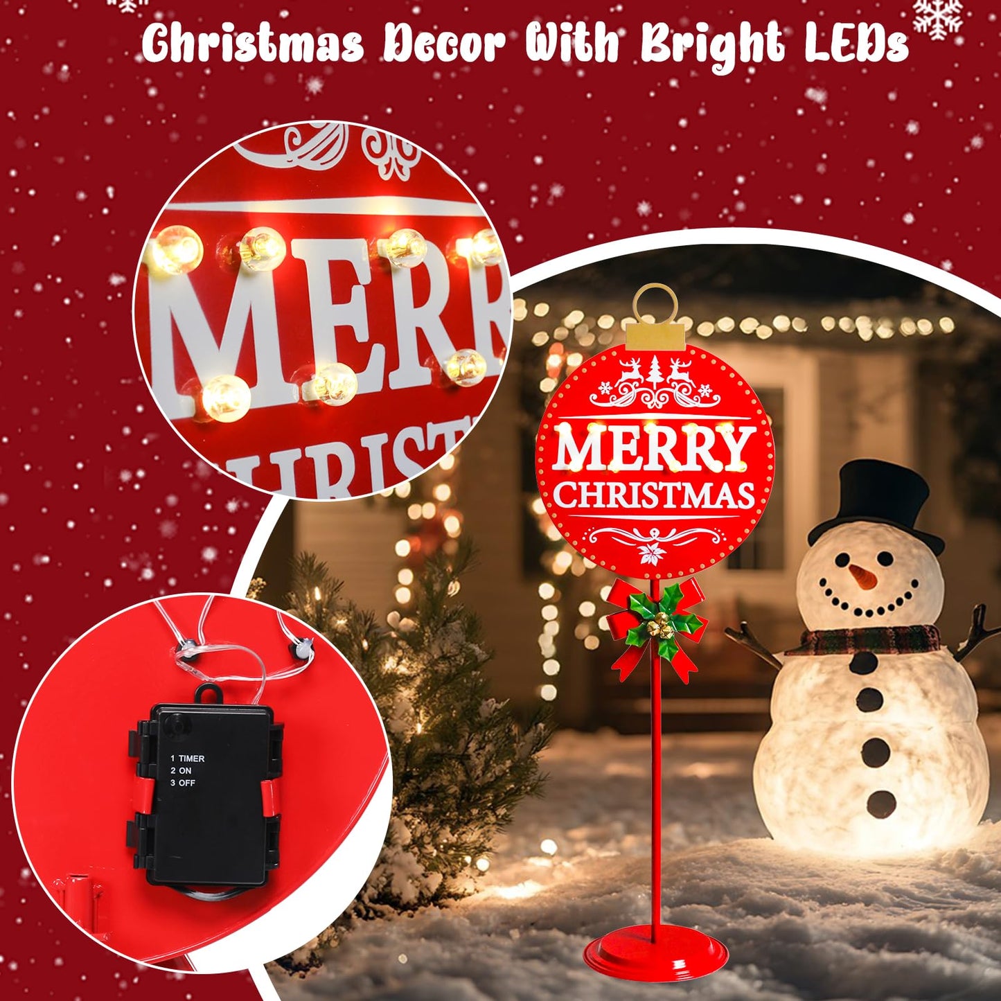 Vigdur Merry Christmas Sign - 34" Lighted Metal Holiday Ball Decoration Battery Operated with Timer, Christmas Yard Decorations for Indoor Outdoor Yard Lawn Party Holiday Décor