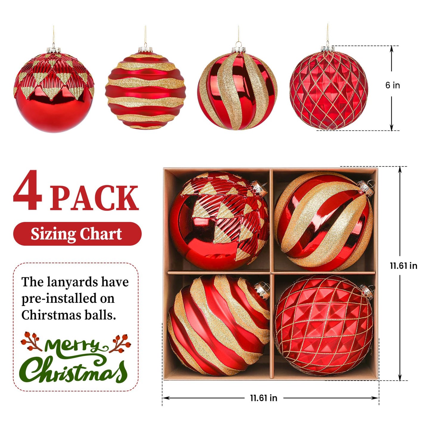 Alupssuc 6''/150mm Large Christmas Ball Ornaments, 4Pcs Christmas Tree Decor, Shatterproof Hanging Decorations with Hooks, Red & Gold Baubles for Xmas Tree, Wedding, Holiday and Party Decor