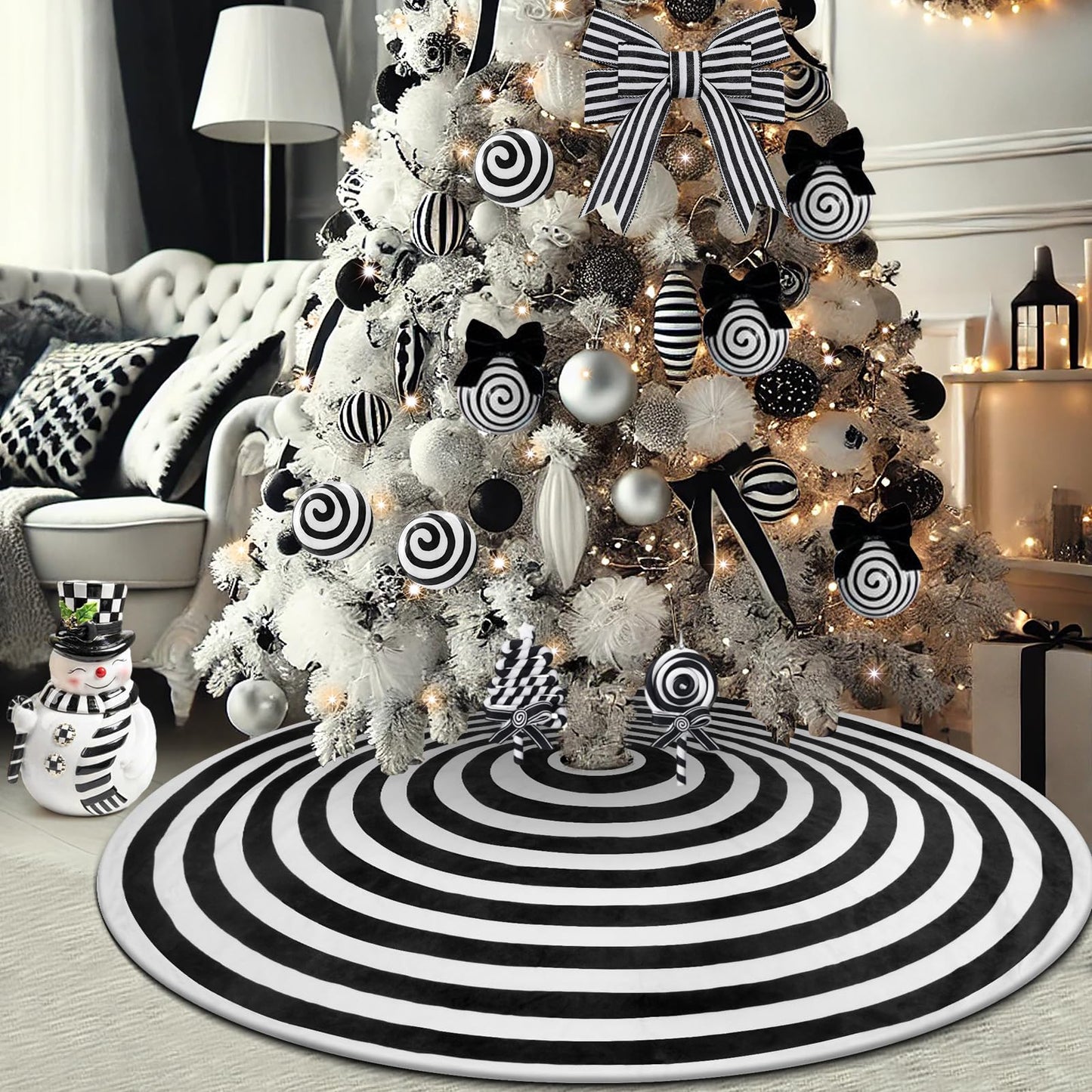 yuboo Black and White Christmas Tree Skirt 48 Inches, Annual Ring Spiral Tree Skirt for Halloween Decorations Ornaments Christmas Tree Decor