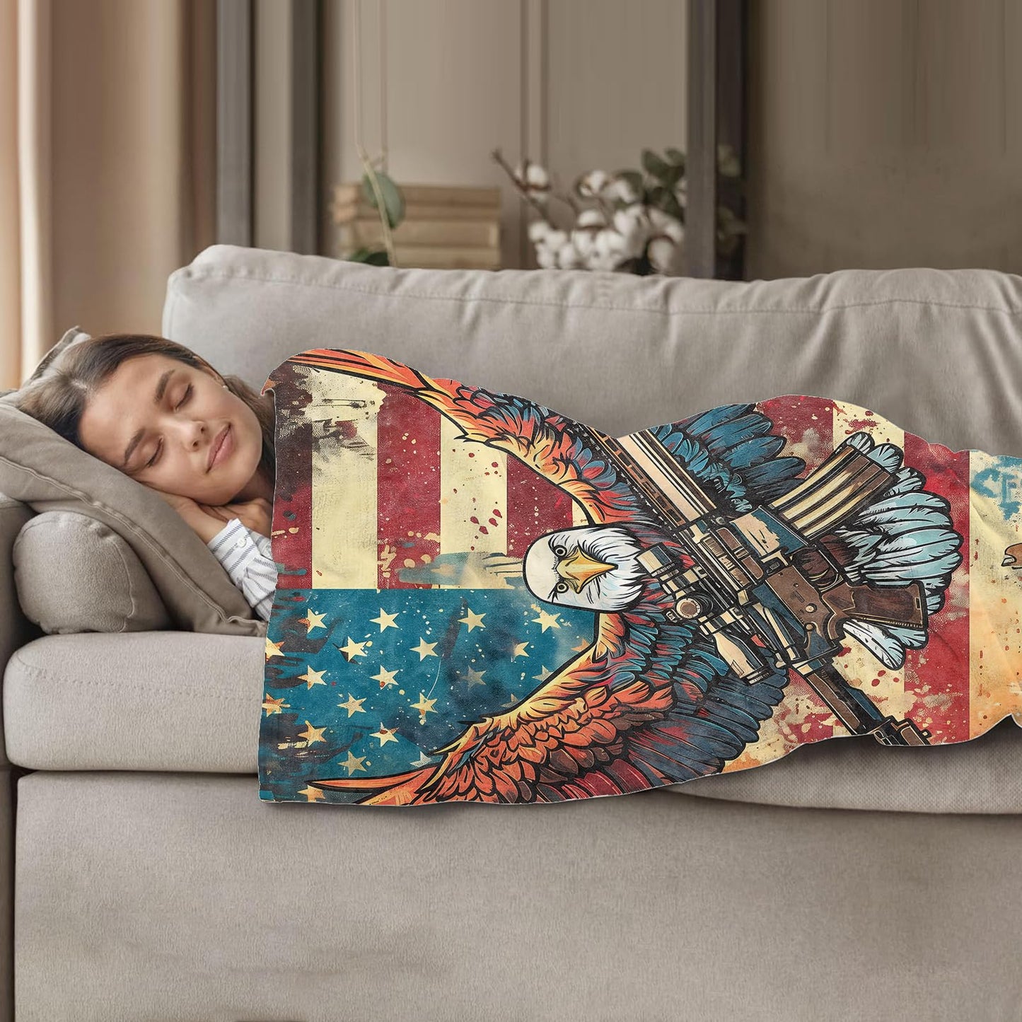 Plistiz Eagle & Rifle Veteran Throw Blanket 50"x60", American Flag Patriotic Army Theme Blankets for Living Room Couch, Home Decor, Soft Flannel Eagle Veteran Gifts for Adults and Men