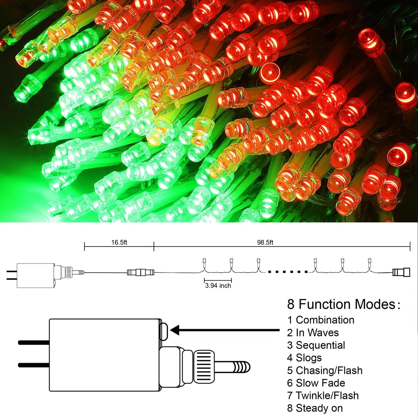 LJLNION 300 LED Christmas Lights, Extra Long 98.5FT Xmas String Lights Outdoor Indoor, 8 Lighting Modes, Plug in Waterproof Fairy Lights for Wedding Party Bedroom Decorations (Red & Green)