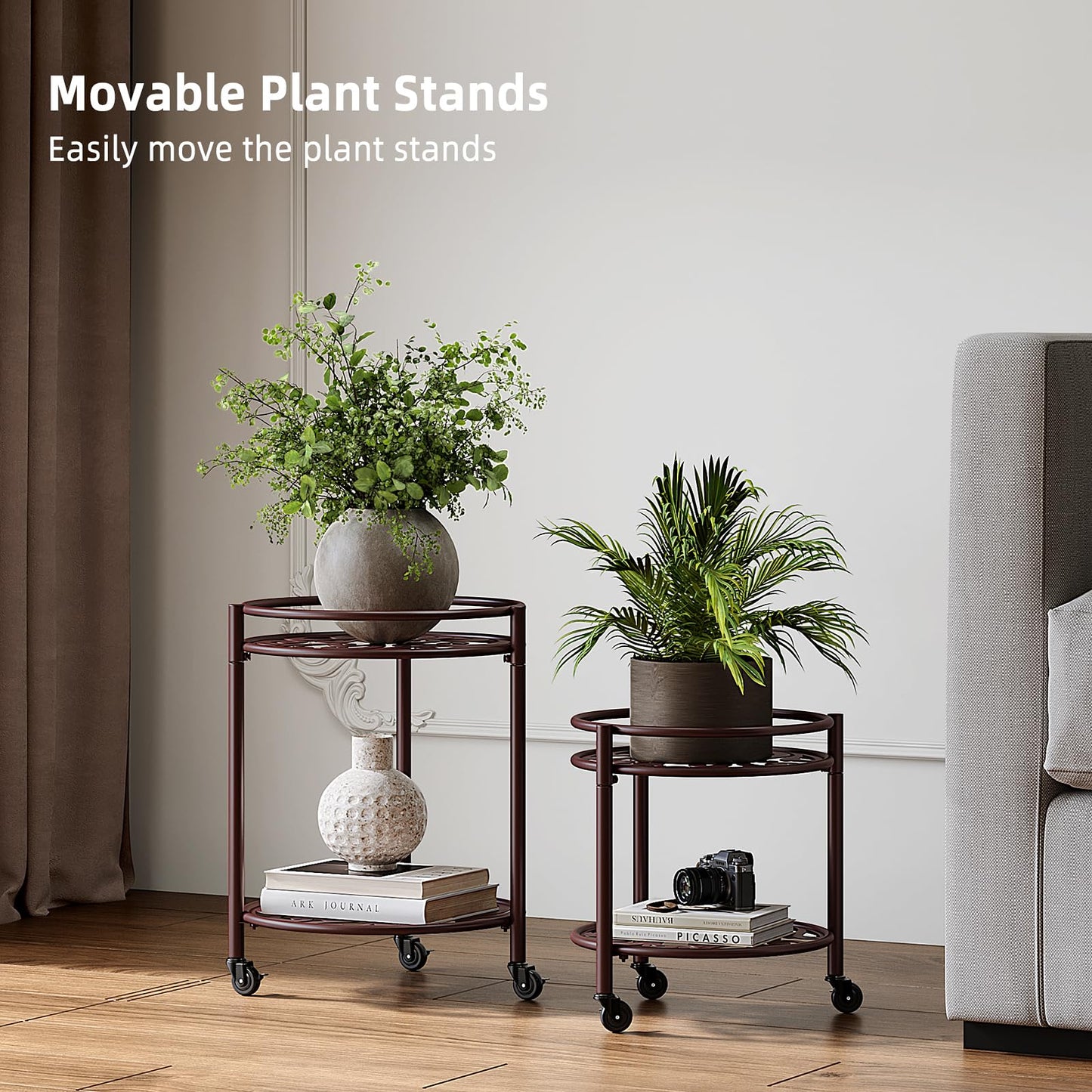 Rioneta Rolling Plant Stand with Wheels – 2 Tier Heavy Duty Flower Pot Holder for Indoor & Outdoor, Easy Move Cart for Balcony, Patio, Garden, 165 lbs Capacity 2 Pack Coffee