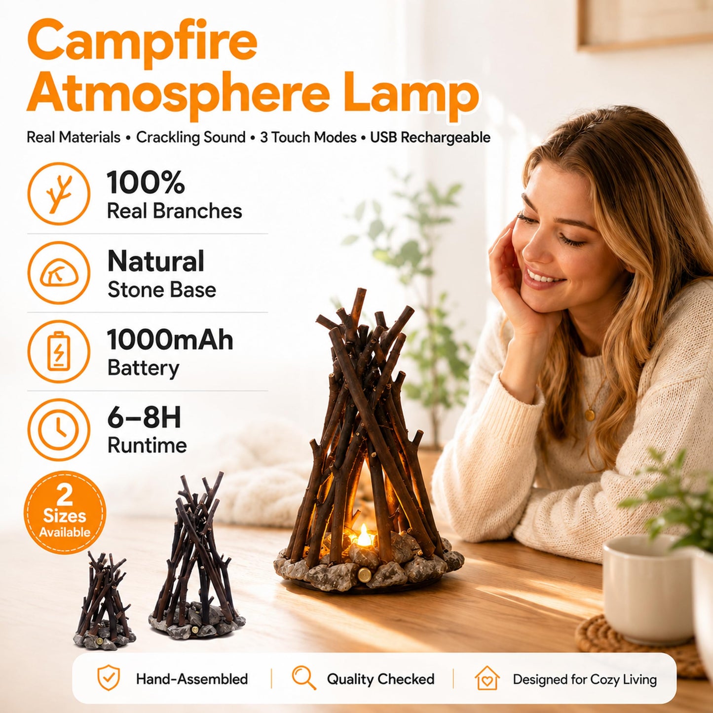 Lubocrat Rustic Farmhouse Campfire Table Lamp, Flame Crackling Night Light