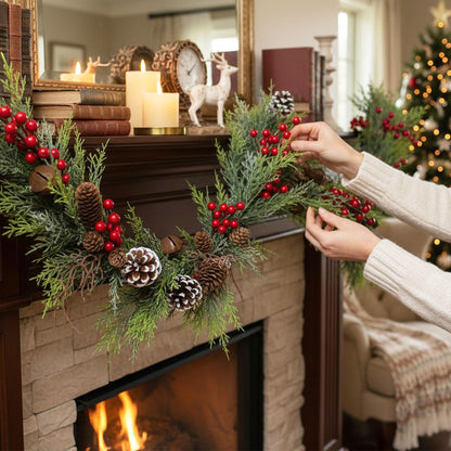 6FT Christmas Cedar Garland with Lights,Artificial Realistic Battery Operated Green Garland Christmas Decorations for Home Mantel Stairs Railing Dining Table Winter Decor