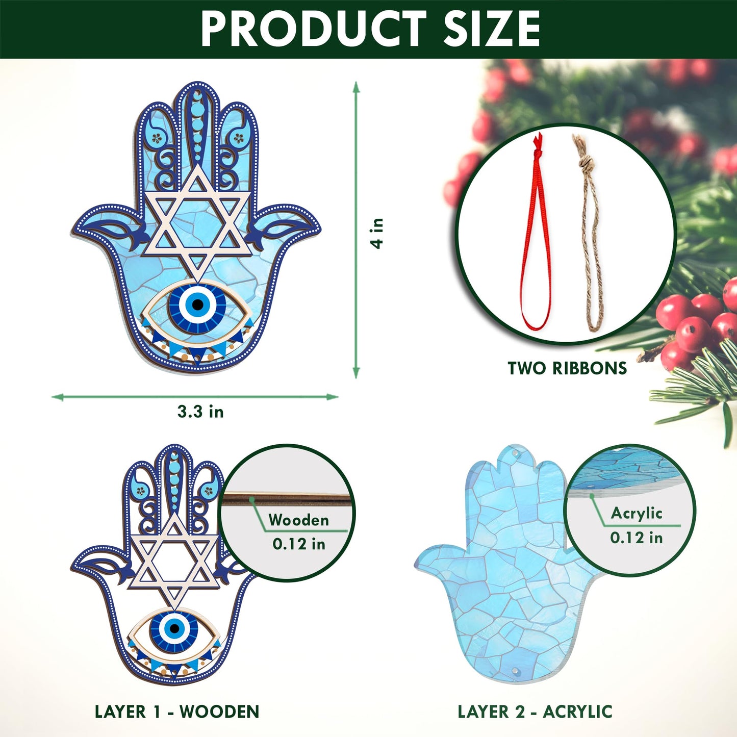 FLAGWIX Christmas Hanukkah Gifts for Women Men - Double-Layered Christmas Ornament for Tree Decorations - Hamsa Hand Suncatcher Decor, Housewarming Gift Ideas, Spiritual Gifts for Family Friends
