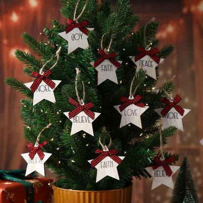 Vercraft 24 Pcs Christmas Star Ornaments Wooden Farmhouse Star Hanging Ornaments with Bows Wood Pendants for Xmas Tree Home Church Holiday Party Decoration