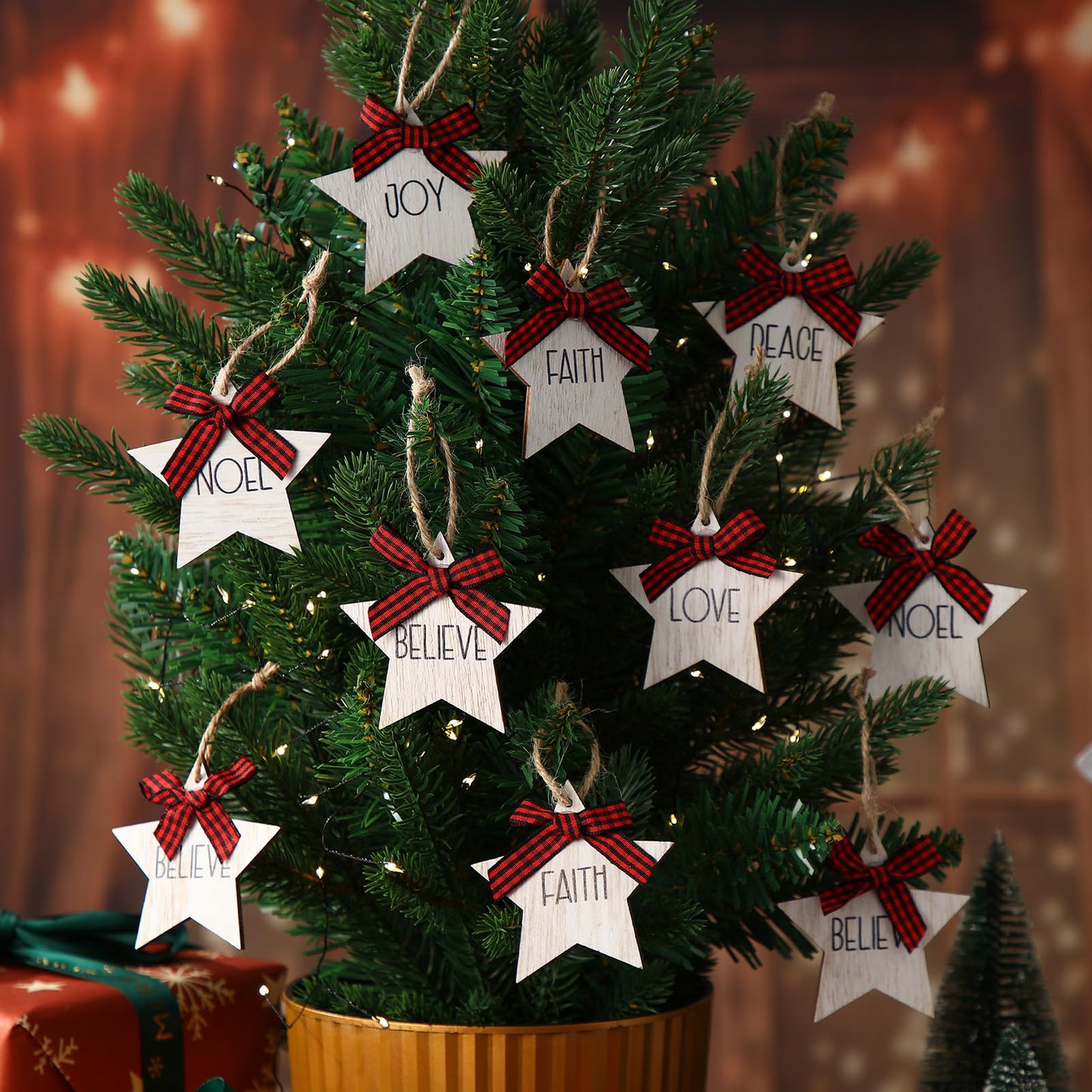Vercraft 24 Pcs Christmas Star Ornaments Wooden Farmhouse Star Hanging Ornaments with Bows Wood Pendants for Xmas Tree Home Church Holiday Party Decoration
