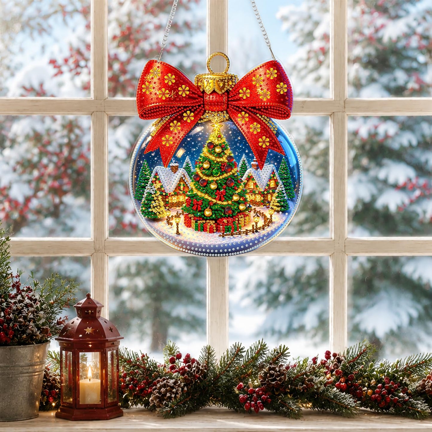Yunzlly DIY Christmas Hanging Diamond Art Pendant Kit, Special Crystal Diamonds Painting Ornament Kit for Adults, Acrylic Hanging Gem Painting Board for Window Door Wall Decor (Christmas Ball Wreath)