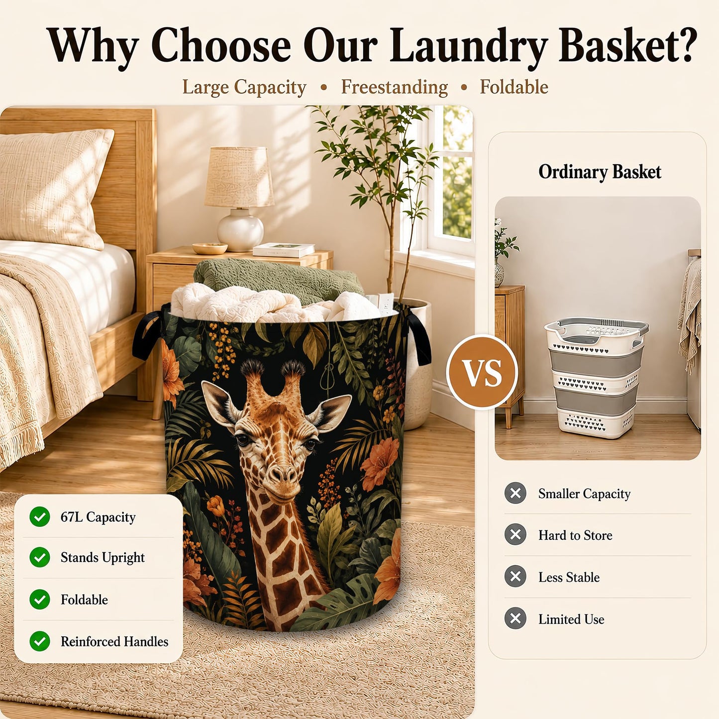 Safari Giraffe Floral Laundry Basket with Handles, Foldable Tall Oxford Clothes Hamper, Lightweight Water-Resistant Storage Bin for Bedroom Bathroom College Dorm, 16 x 20.8 Inch