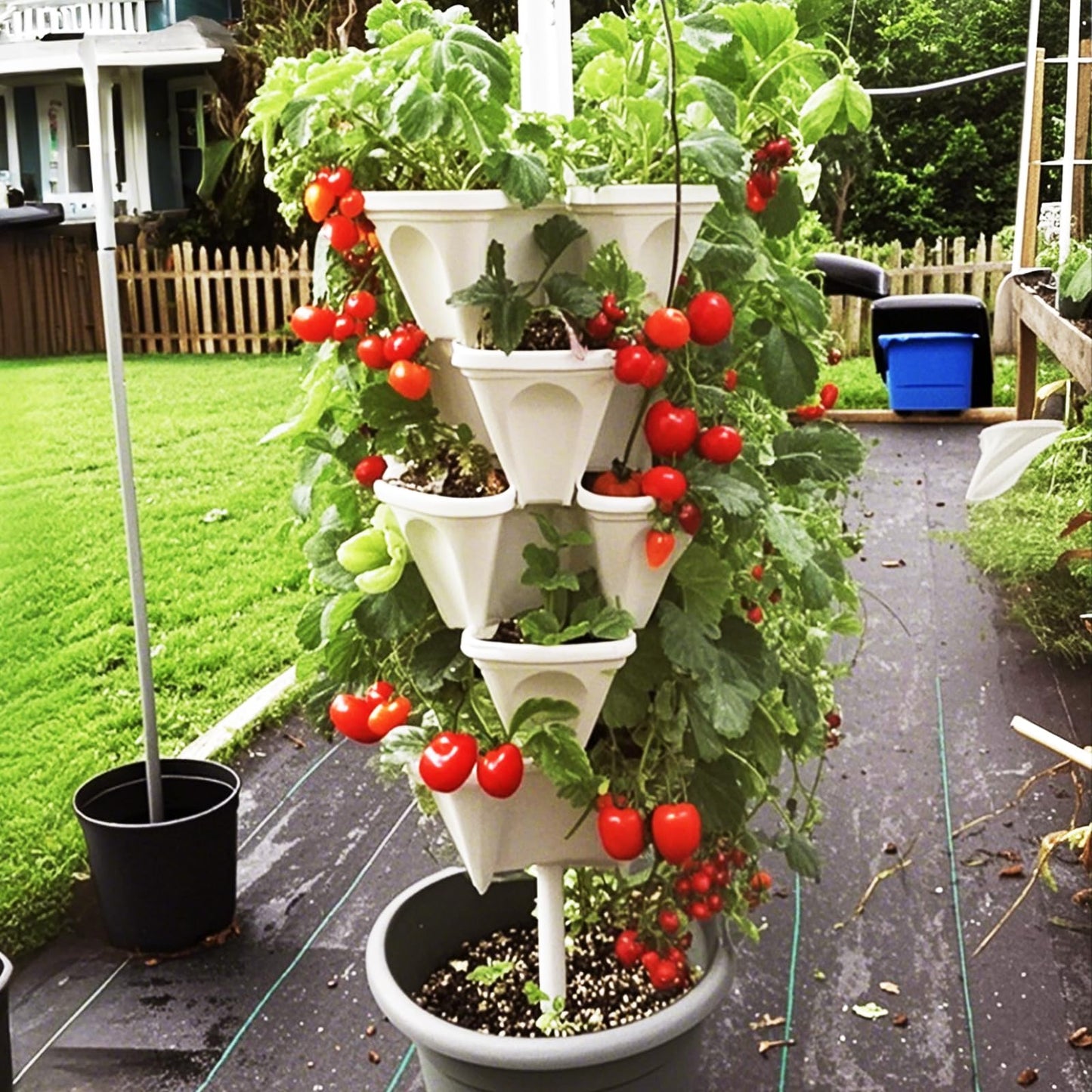 Lykvrii Strawberry Planters, 7 Tiered Vertical Stackable Planter, Herb Stacking Tower Garden, Flower and Vegetable Planters with Support Pole Indoor & Outdoor with Removable Wheels - Dark Grey