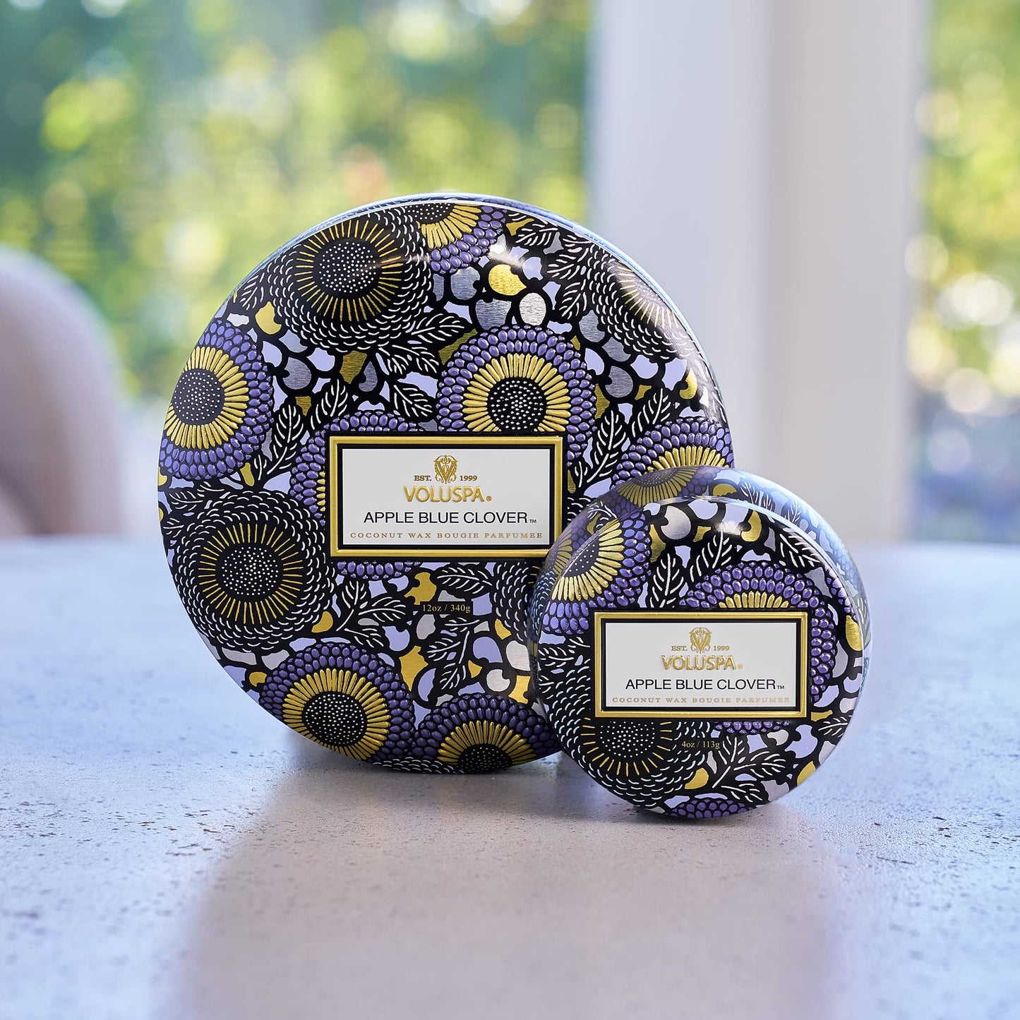 Voluspa Apple Blue Clover Candle | 3 Wick Tin | 12 Oz. | Coconut Wax for Clean Burning