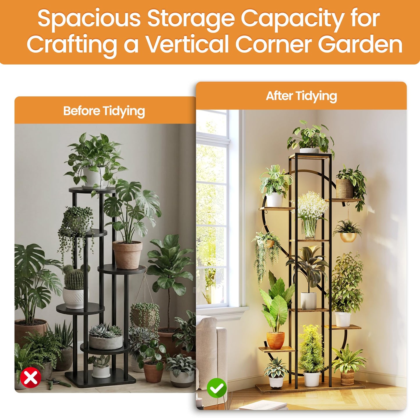 Plant Stand Indoor with Grow Lights - 62" Tall 8 Tier S-Shaped Corner Plant Shelf with 2 Hooks, Metal Flower Holder for Multiple Plants, Living Room Patio
