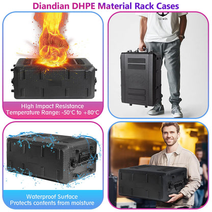 Diandian 4U Rack Case Shallow 16" Depth, 19" Rackmount Flight Case, Watertight Dust-Proof, Shock Mount for Amplifier, Pro Audio, DJ Mixer, Effects with Microphone Compartments
