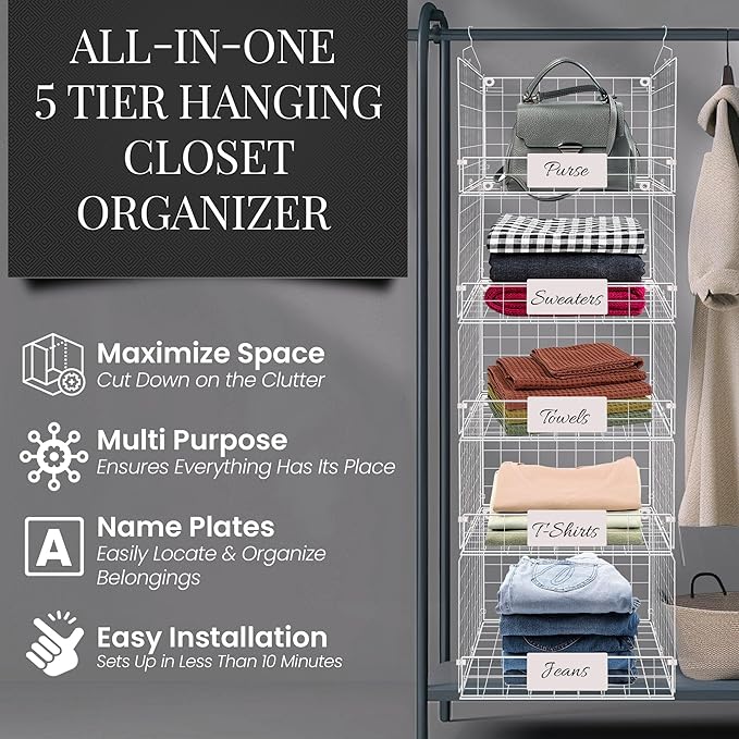 DECOLURE 5-Tier Adjustable Hanging Closet Organizer – Maximize Hanging Storage