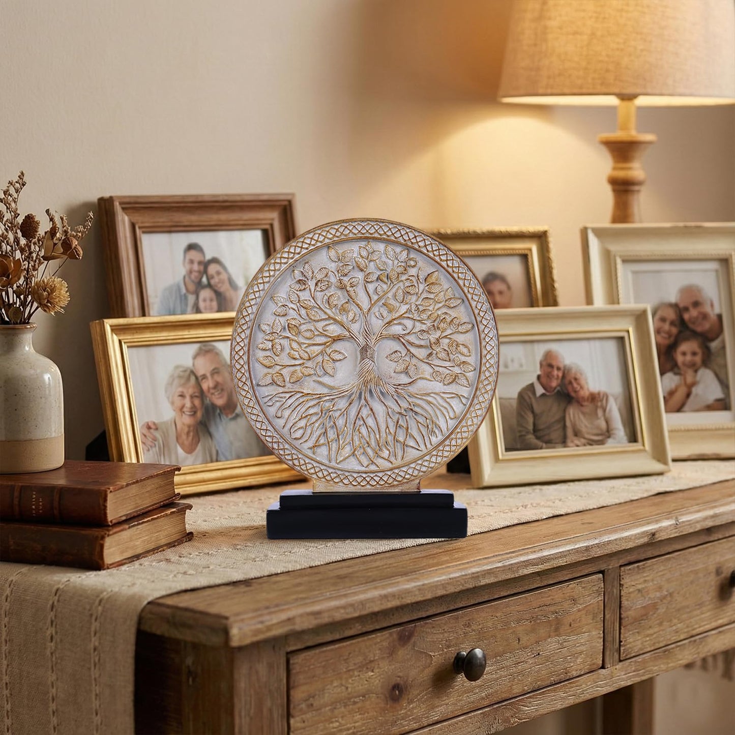 LCCCK Tree of Life Statue, Resin Round Tree Sculpture for Cabinet Decor, Shabby Chic Knick Knacks, Living Room Mantle Entryway Table Top Accent, Symbolic Family Roots Home Decor