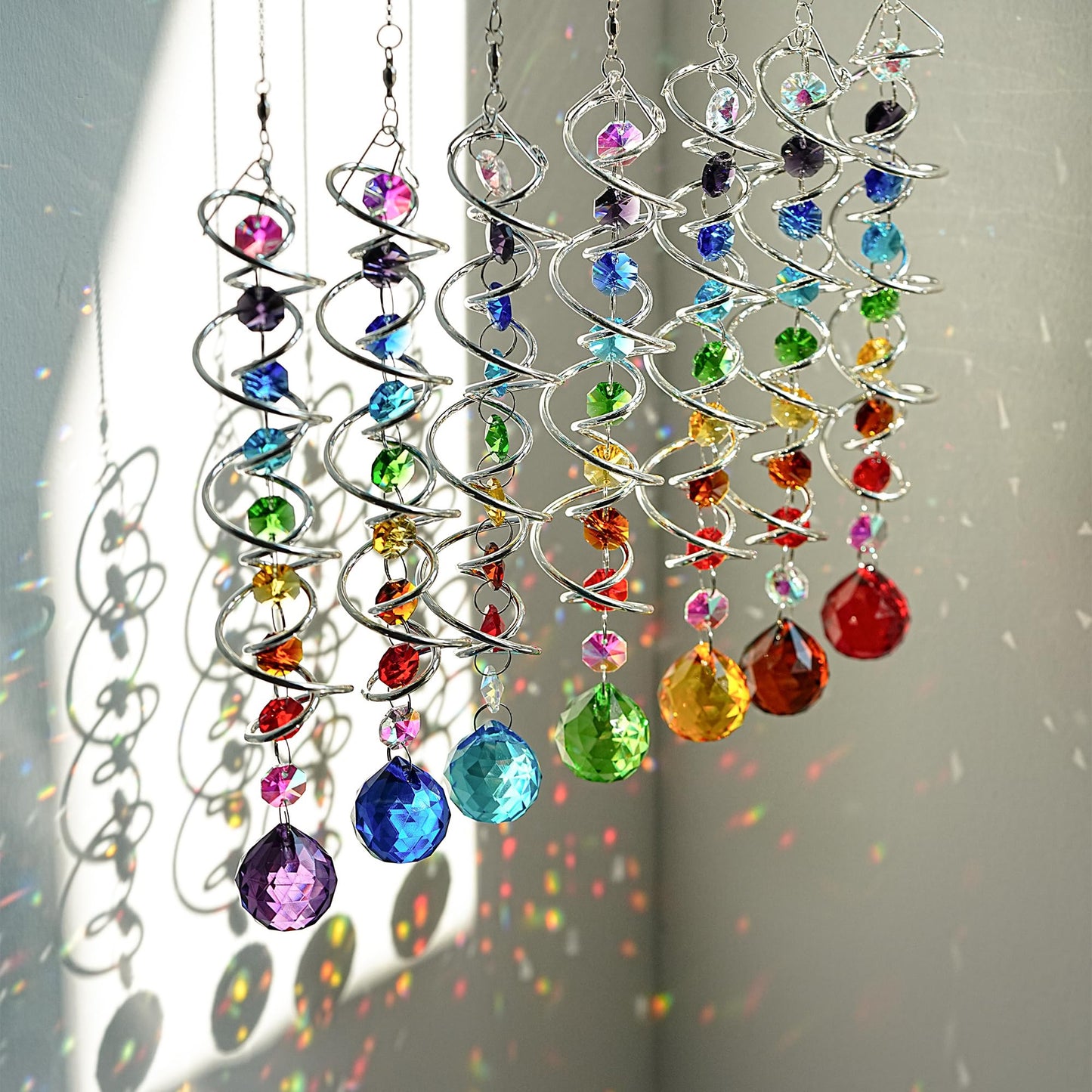 H&D HYALINE & DORA 7 Pack Crystal Suncatchers for Windows Hanging Gazing Ball Spiral Tail Wind Spinners Stainless Steel Hanging with Swivel Hook for Yard and Garden Indoor Home Decor