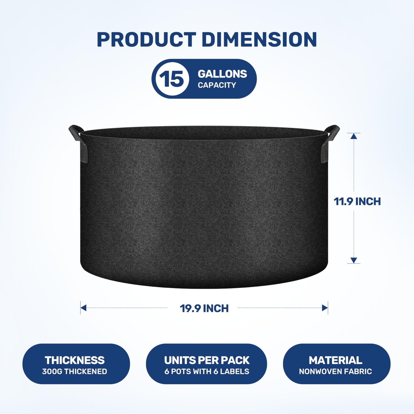 HealSmart 15 Gallon 6 Pack Nonwoven Grow Bags, Aeration Fabric Pots with Handles, Heavy Duty Garden Grow Pots for Tomato Vegetables Flowers, 6 Plant Labels, Black