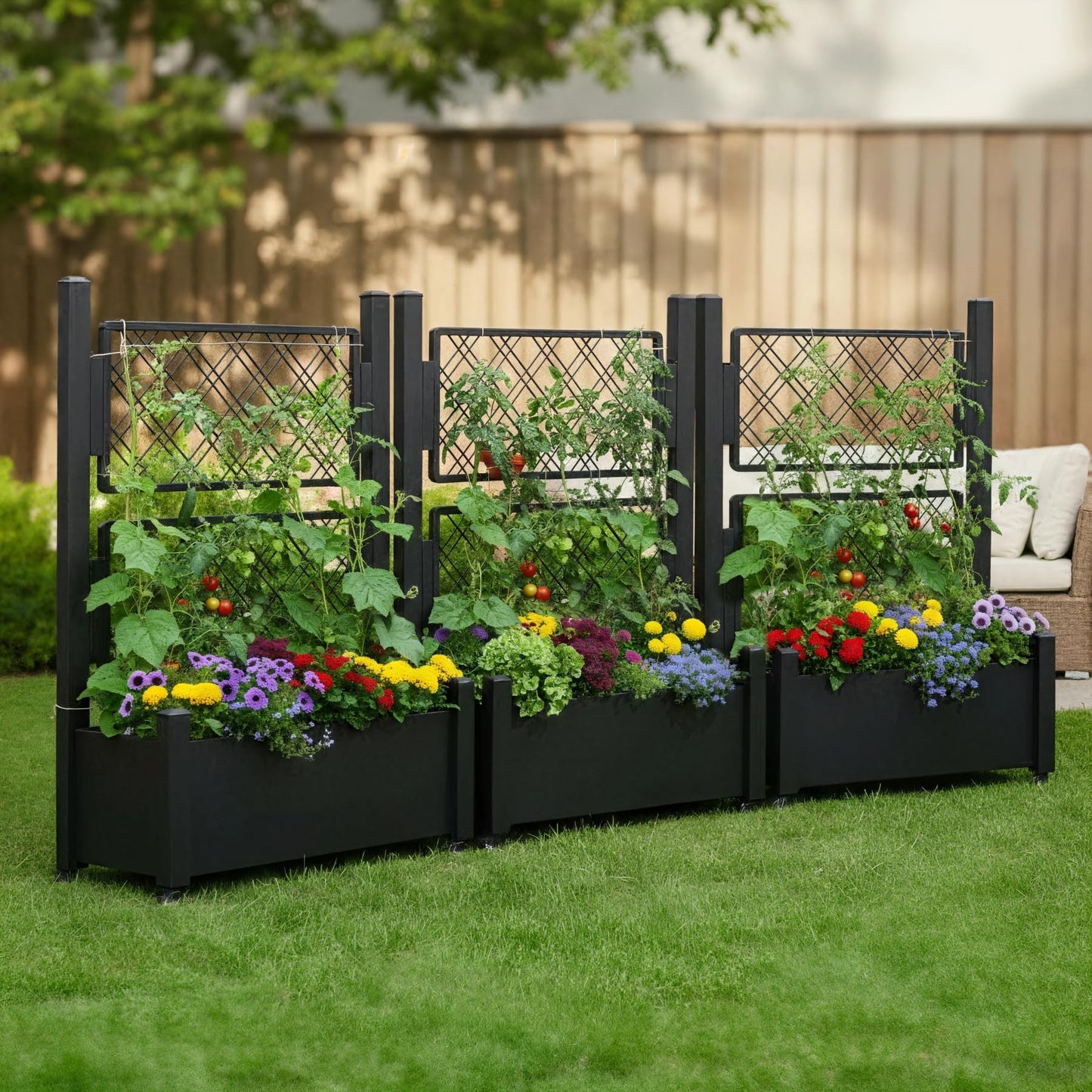 Foresland Metal Raised Garden Bed with Trellis, 50Hx38Wx14D Inch Compact Planter Box for Climbing Plants, Patio Balcony Garden, Privacy Screen with Wheels and Drainage Holes, Black