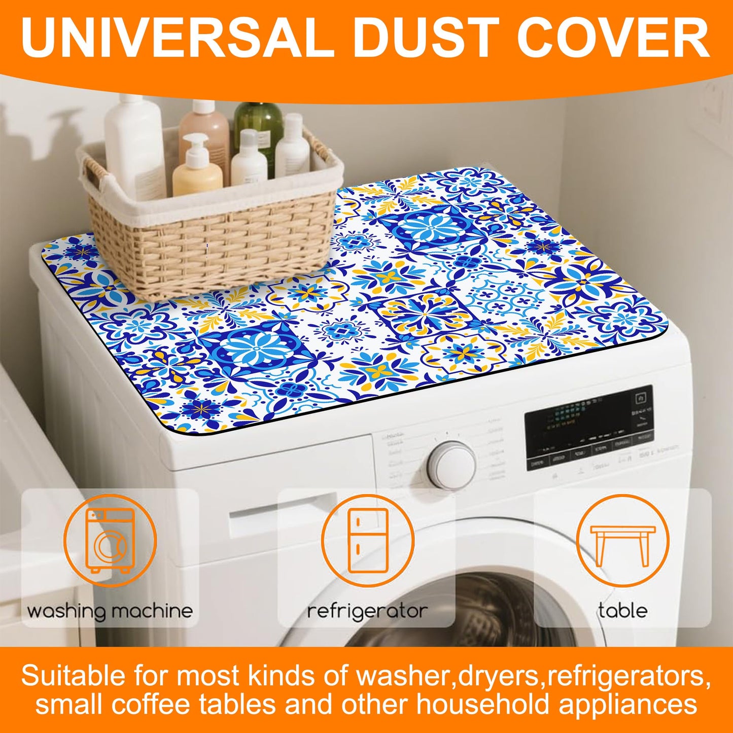 Blue and Yellow Mexican Talavera Ceramic Tile Dryer Top Protector Mat,Dust-proof Washer and Dryer Covers For The Top,Non-slip Washing Machine Dust Cover Pad for Laundry Room Home Decor,23.6"x19.7"