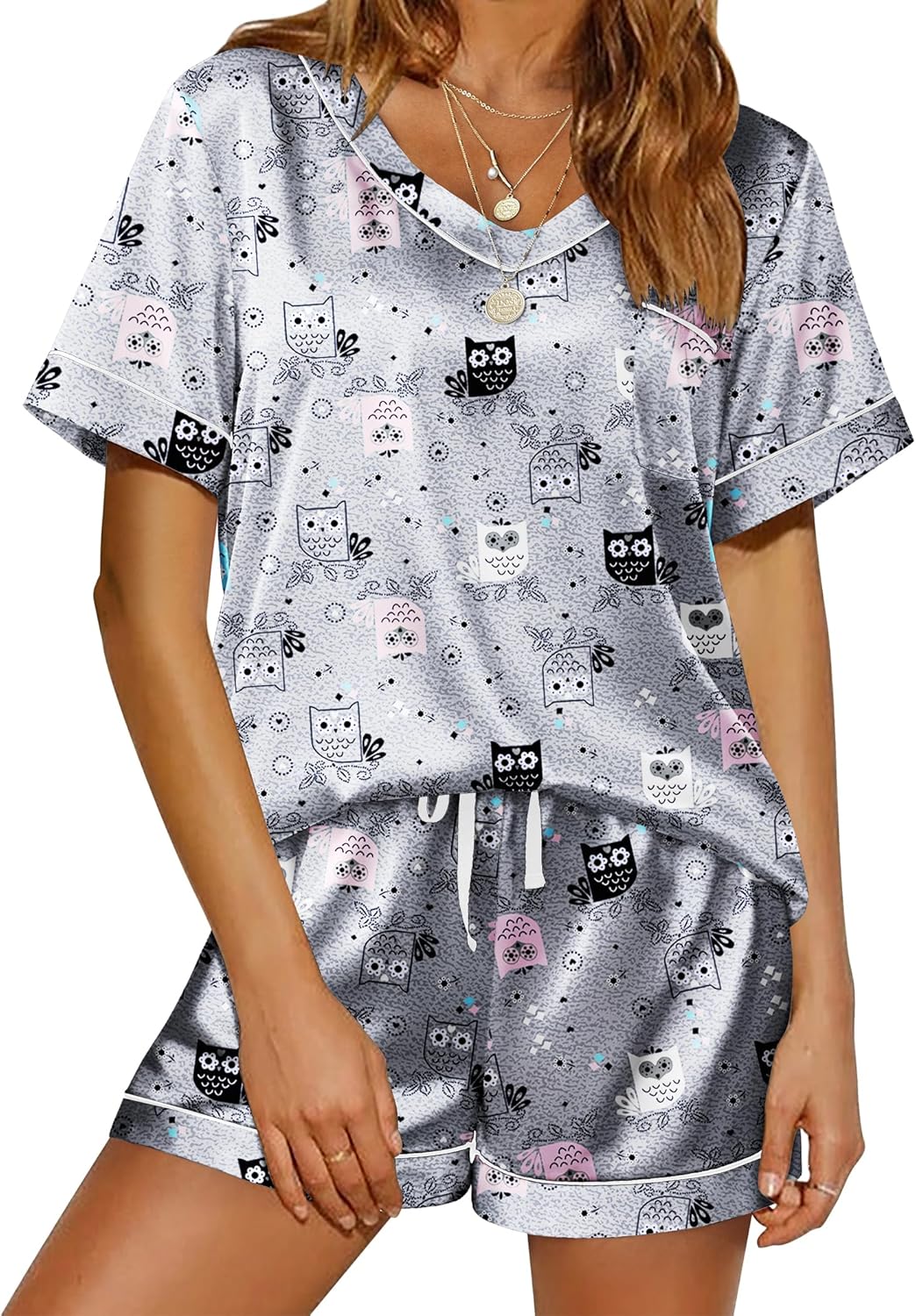 Ekouaer Silk Pajama for Women Short Sleeve Satin Pj Set Two Piece Soft Sleepwear Loungewear, S-XXL