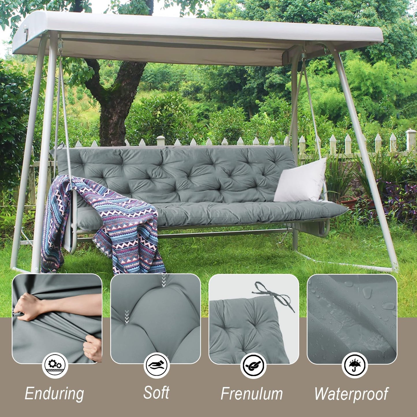 Outdoor Swing Cushions, 63inch Waterproof Three Seat Swing Replacement Cushions with Backrest and Ties, 4" Thicken Outdoor Porch Swing Cushions for Patio, Lawn and Garden (Light Gray, 40×63in)