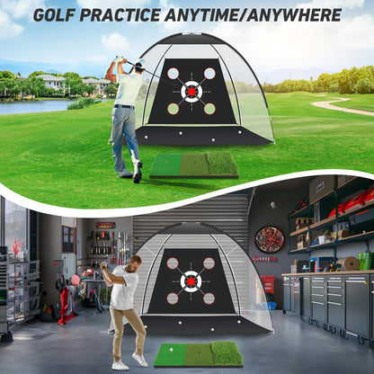 KLAODOT Golf Net with Practice Mat,Golf Hitting Aid Nets 10x7FT for Backyard Driving Chipping Training Swing with Target Mat Balls for Outdoor Indoor，Gifts for Men Dad Him and Golfer