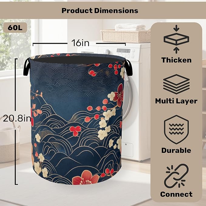 Japanese Cherry Blossom Laundry Basket, Space Saving Foldable Design