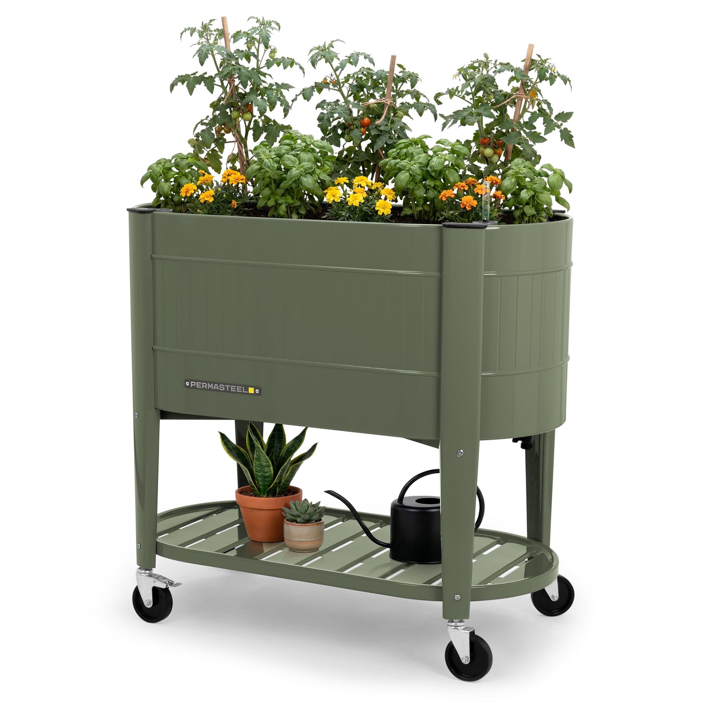 Permasteel Raised Garden Bed with Legs, Planter Box with EnGrow™ TrueSoil™ Technology for Vegetables, Flowers, Herbs, and Fruit, Outdoor Indoor, Storage Shelf, Caster Wheels, Green