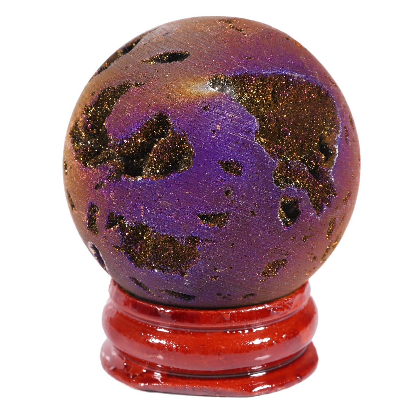 Cheungshing Angel Aura Quartz Druzy Geode Sphere with Wooden Base,Titanium Coated Crystal Quartz Agate Ball Healing Sculpture Statue for Easter Day, Gold-Purple