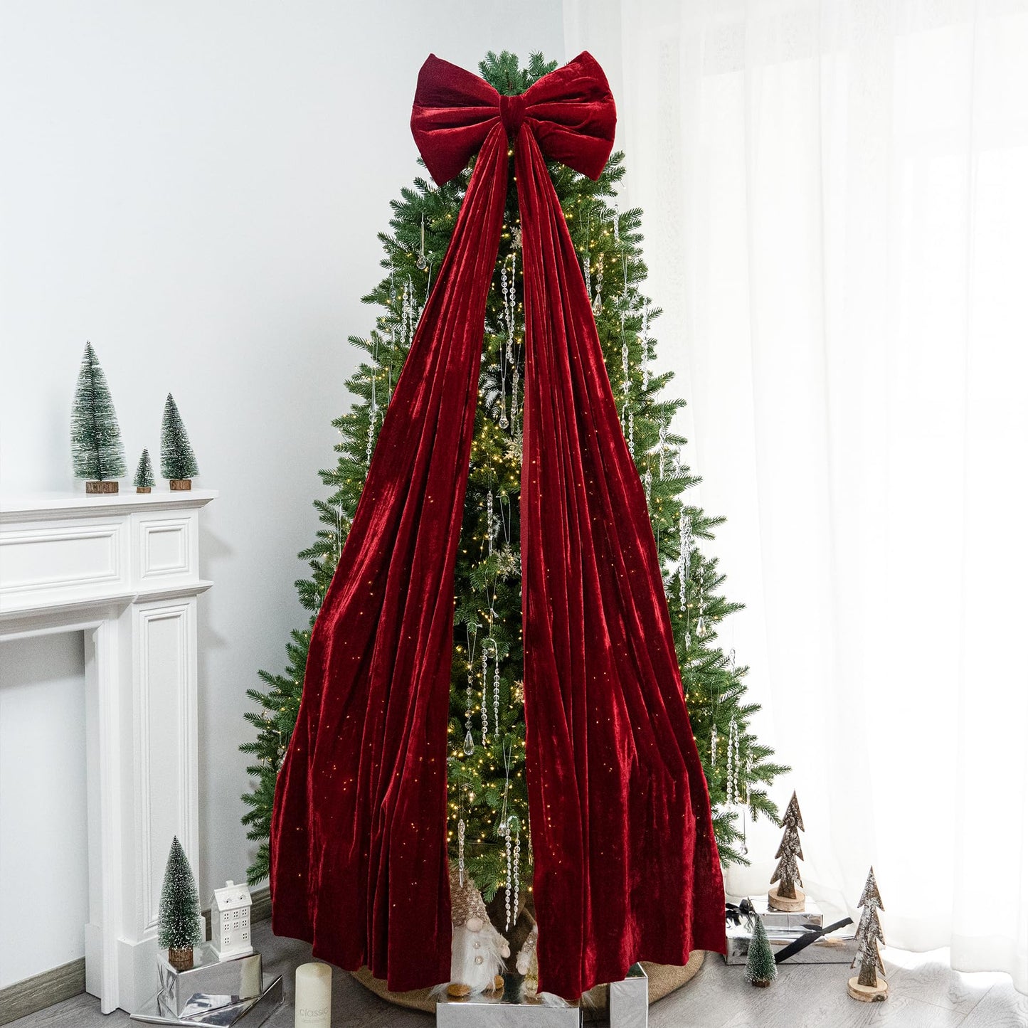 Hismir Christmas Tree Topper Bow，67x16 Inch Velvet Extra Large Room Decor Ribbon Bow for Wedding Engagement Birthday Party，Giant Xmas Bow Decorations for Home Wreath Door Wall(Burgundy)