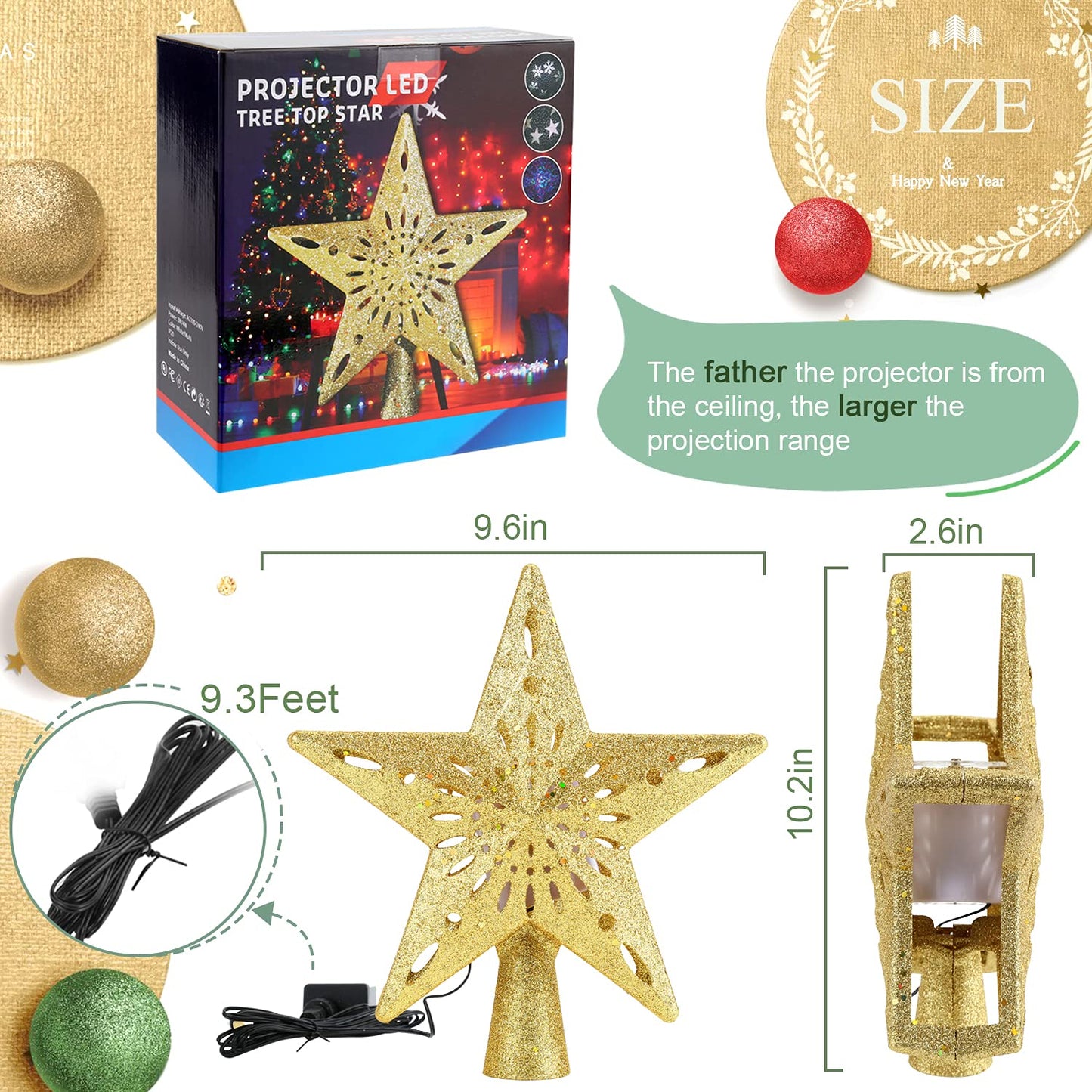 Christmas Tree Topper Star Lighted with Rotating Snowflake LED Projector, Gold Star 3D Glittered Christmas Xmas Tree Decorations Projector Angle Adjustable