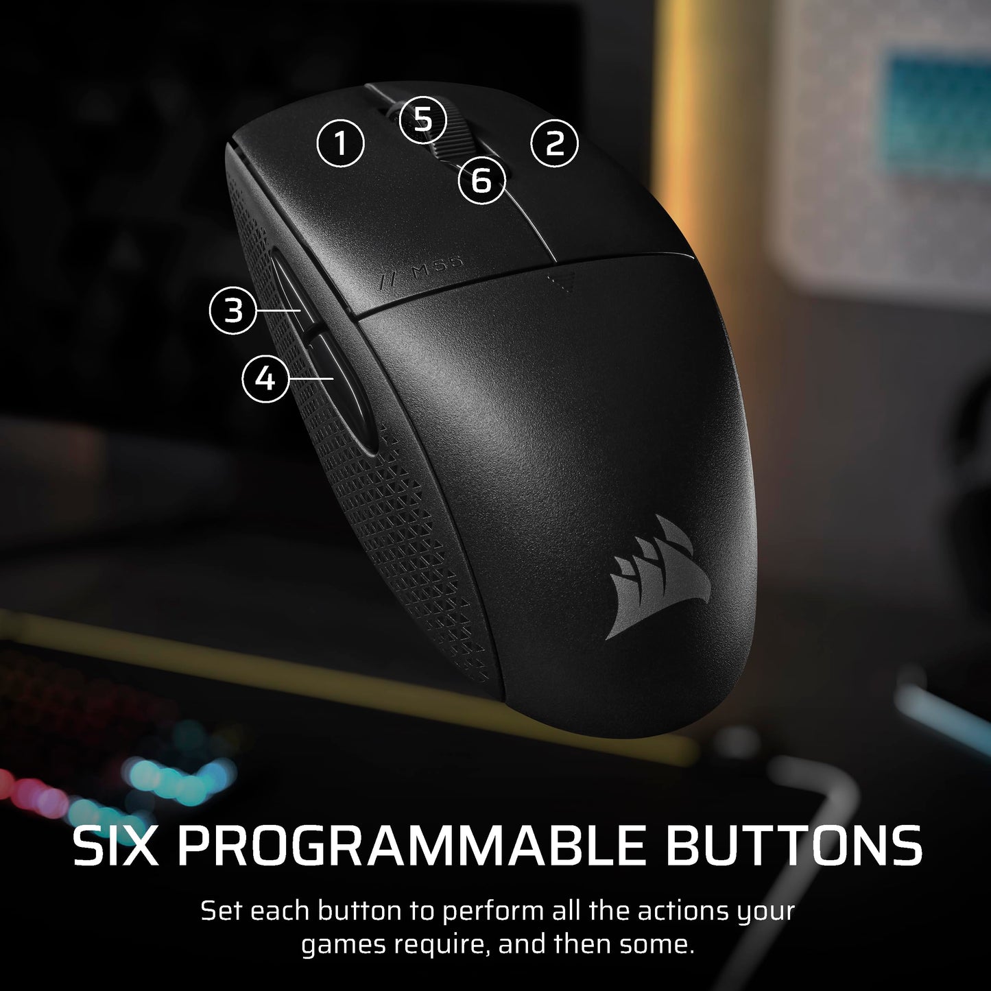 Corsair M55 Wireless Lightweight FPS Gaming Mouse – 2.4GHz & Bluetooth – 24,000 DPI – Long-Lasting Battery Life – Six Programmable Buttons – Textured Side Grips – Black