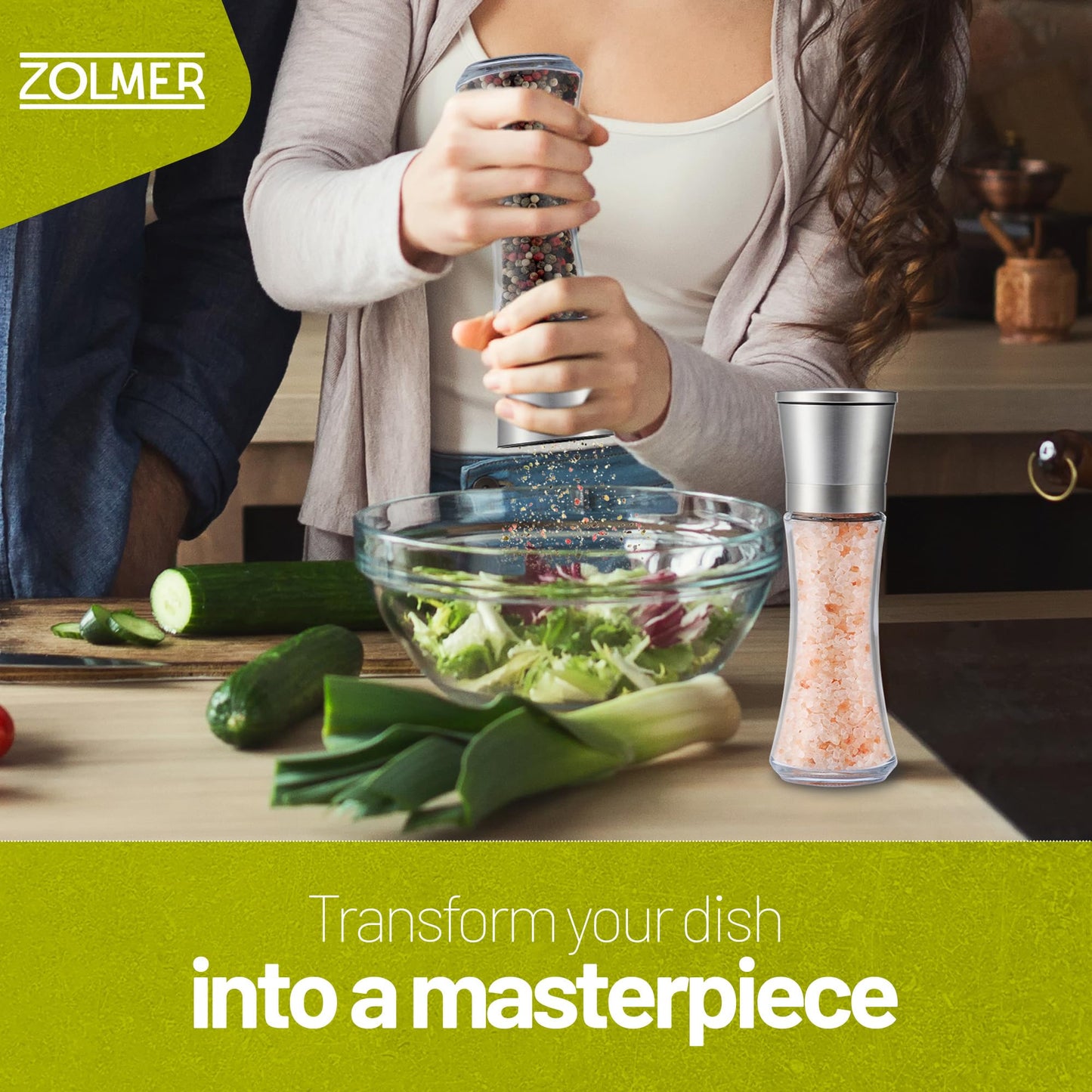 ZOLMER® Premium Stainless Steel Salt and Pepper Grinder Set manual | Adjustable Ceramic Grinder for Salt and Pepper, Chili and more - Big Silver [No Spices Included]