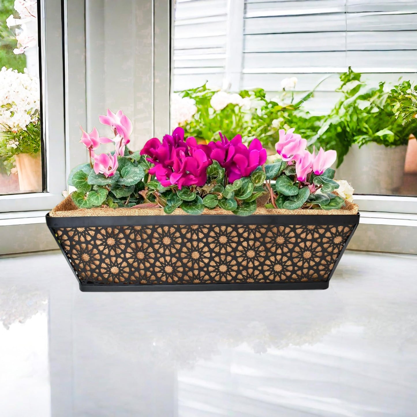 EIMQUVW 2 Pack 24" Railing Planter Window Box Deck Balcony Rail Planter Black Metal Flower Basket Horse Trough Planters with Coco Fiber Liner for Porch Fence Patio Outdoor
