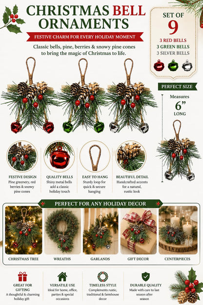 Christmas Bell Ornaments Set of 9 – Red, Green & Silver Jingle Bells with Pine Cones, Red Berries & Snowy Pine Greenery, Farmhouse Christmas Tree Decorations, Holiday Crafts & Wreath Accents, 6 Inch