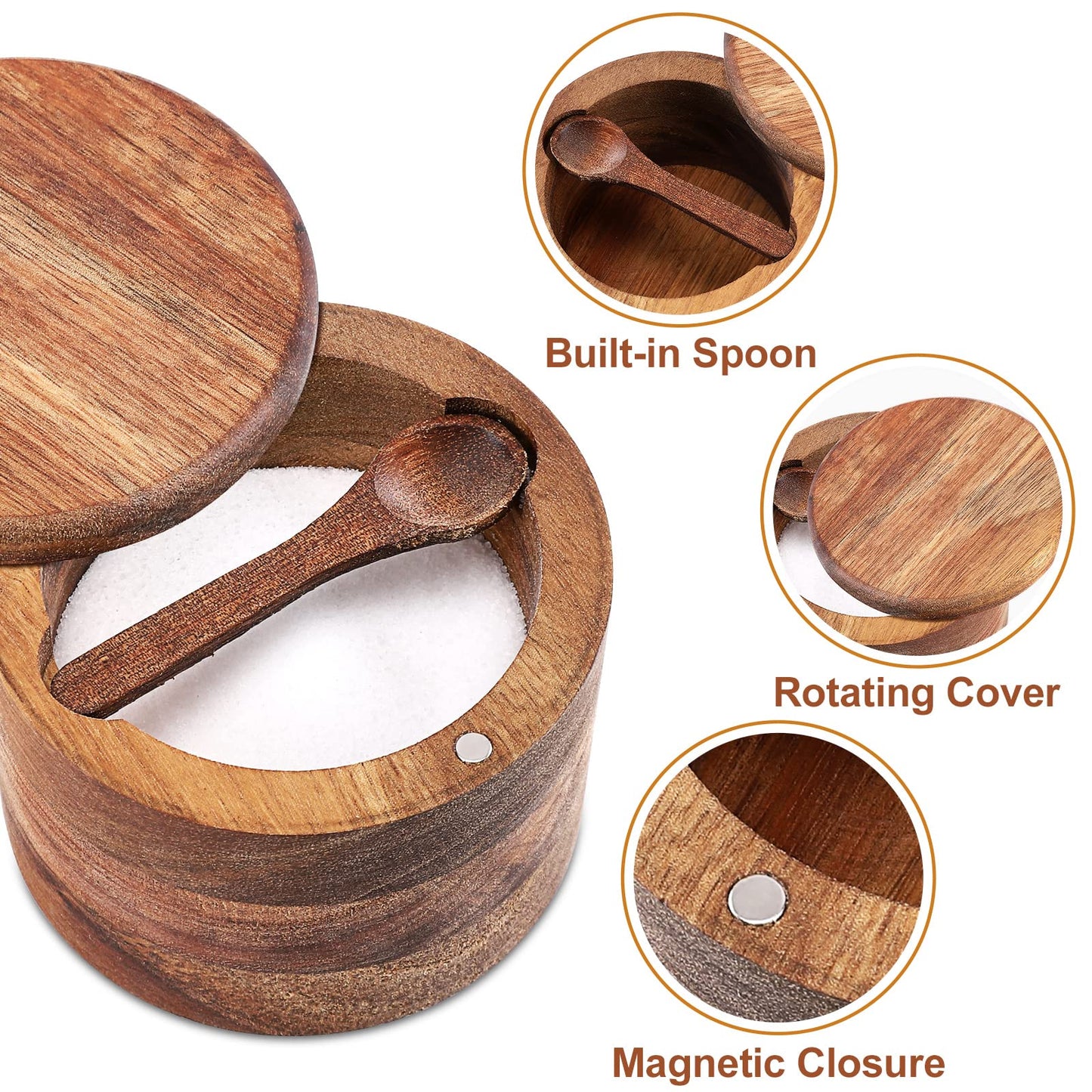 RAETTER.LY Acacia Wood Salt and Pepper Bowl, Nature Wood Salt Cellar and Spices Storage Box With Built-in Spoon and Magnetic Swivel Lid (Single Compartment 6.5 oz)
