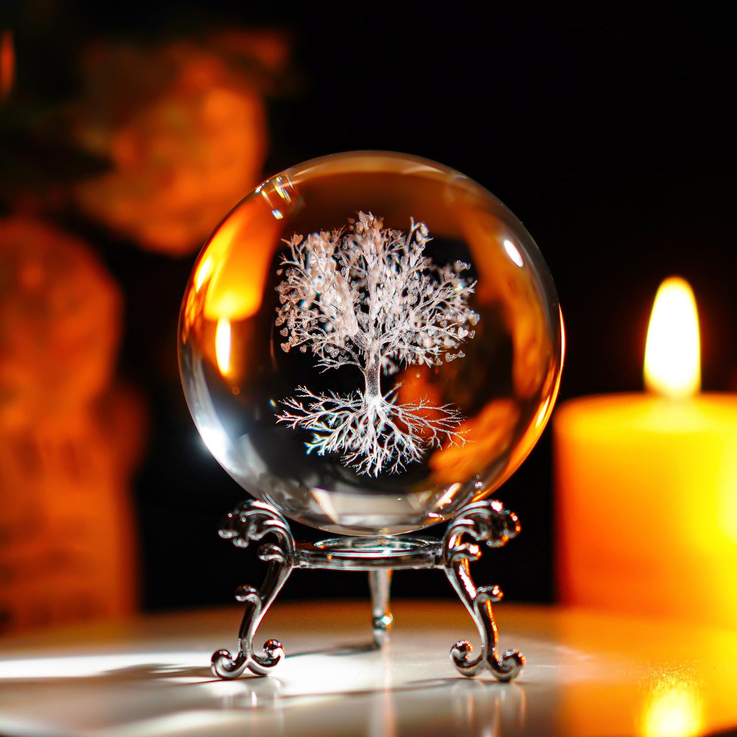 H&D Hyaline & Dora 70mm Tree of Life Clear Crystal Ball with Stand, K9 Glass Decorative Crystal Ball, 3D Laser Fengshui Home Decoration
