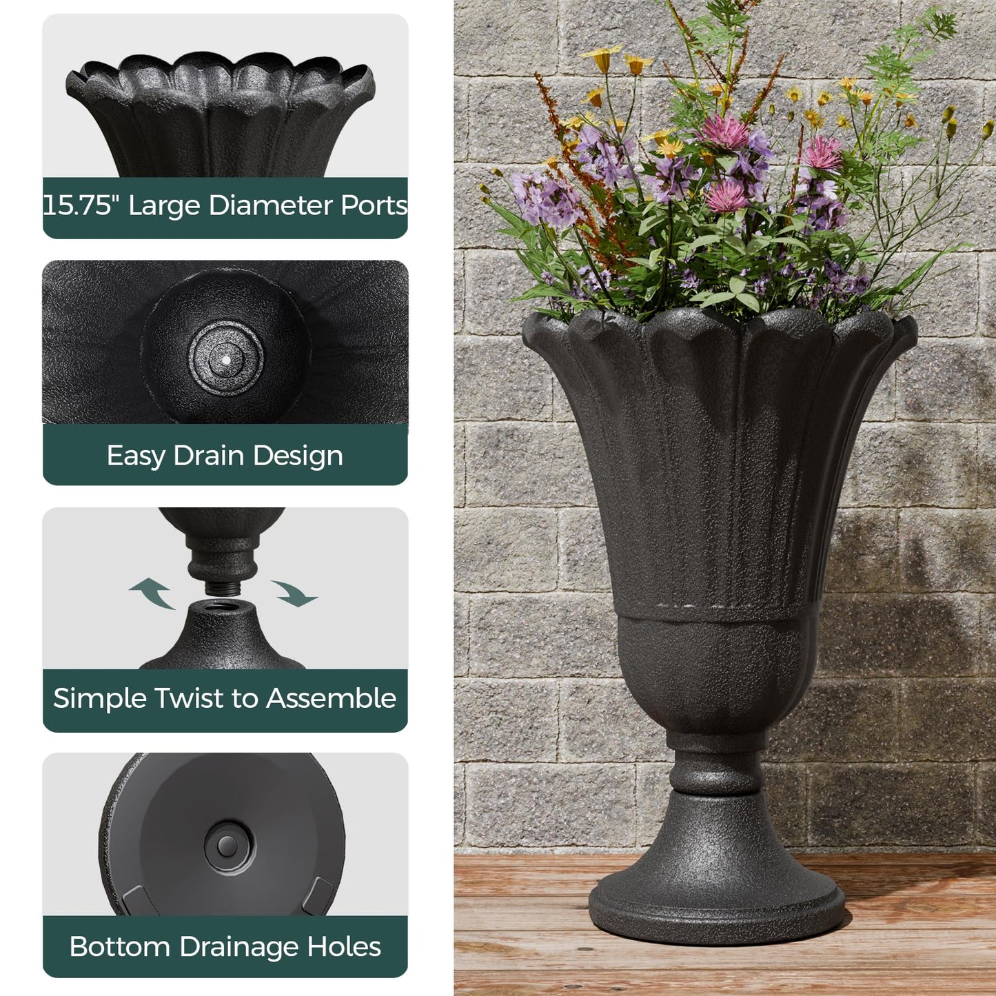 Trygoal 23.6" Tall Plastic Urn Planters for Outdoor Plants, Set of 2 Heavy-Duty Classic Indoor Large Flower Pots with Drainage Holes & Petal Design, Outdoor Planters for Porch, Home Garden, Black