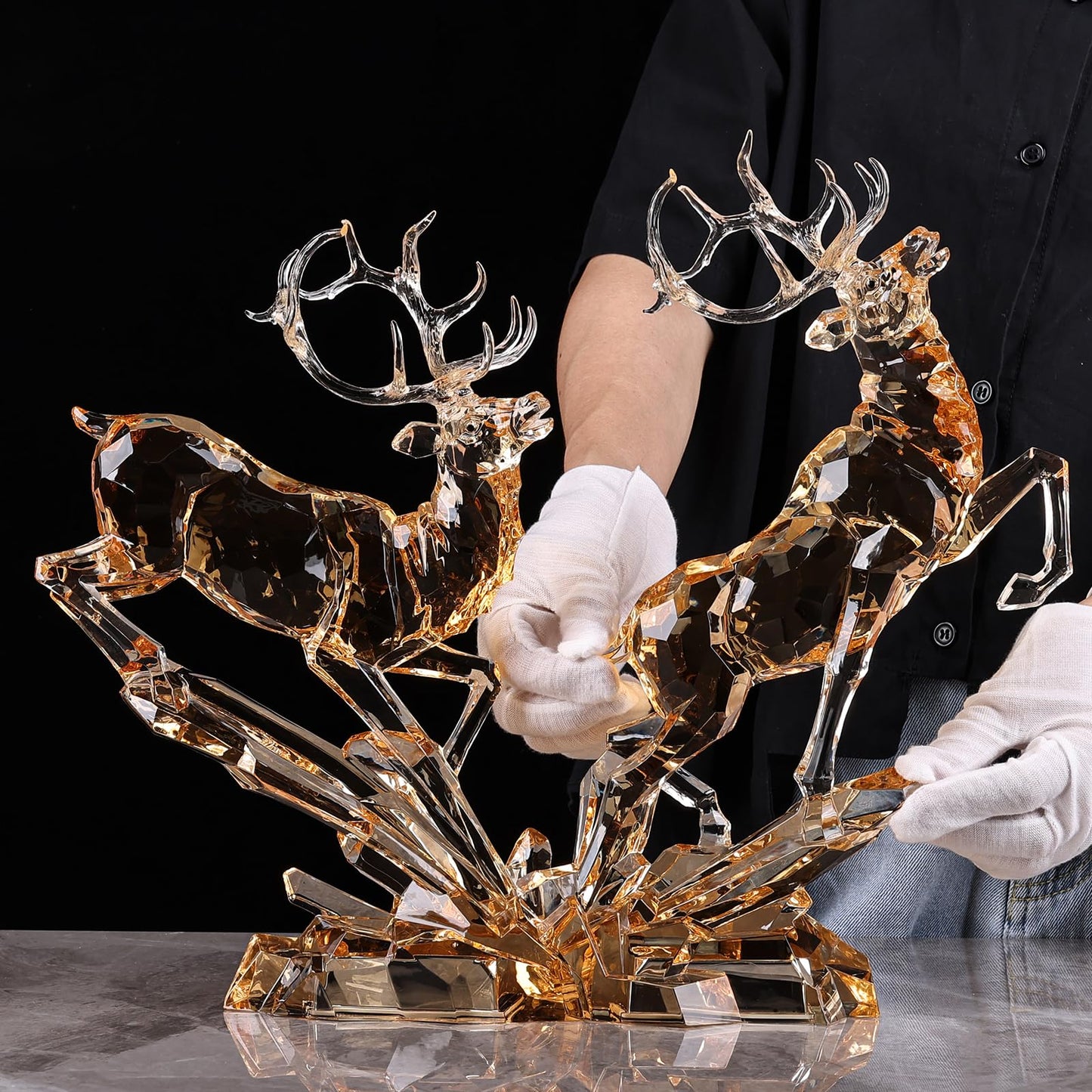 LCCCK Gold Clear Acrylic Large Deer Figurine, 11.8" Tall Reindeer Christmas Decoration, High End Deer Statue with Glass-Like Crystal Finish, for Christmas Indoor Table Top or Gift -with LED Light