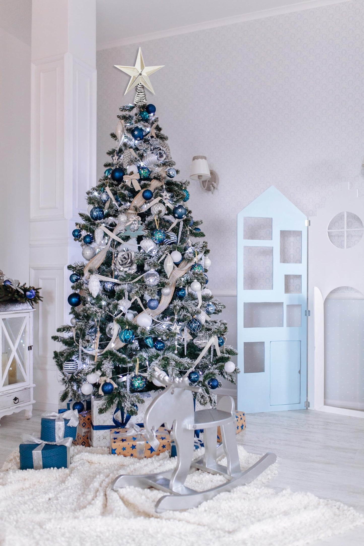 Christmas Traditions 10 inch Glittered Large Filigree Christmas Star Tree Topper Star for Large Tree 6 feet-8 feet Tall/Home Decor Ornaments (Platinum White)