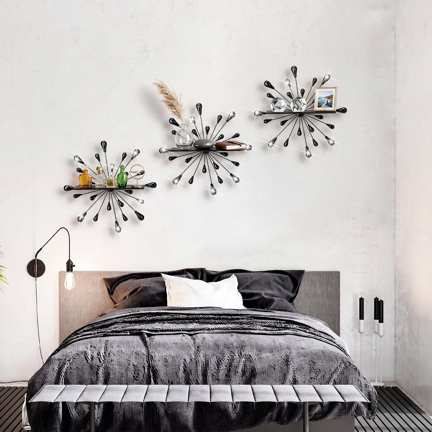 Yaocom 3 Pcs Bling Crystal Floating Shelves Metal Starbursts Wall Decor Folding Shelf Black Corner Shelves Hanging Wall Mounted for Storage Bedroom Bathroom Living Room Kitchen Office Home Decoration