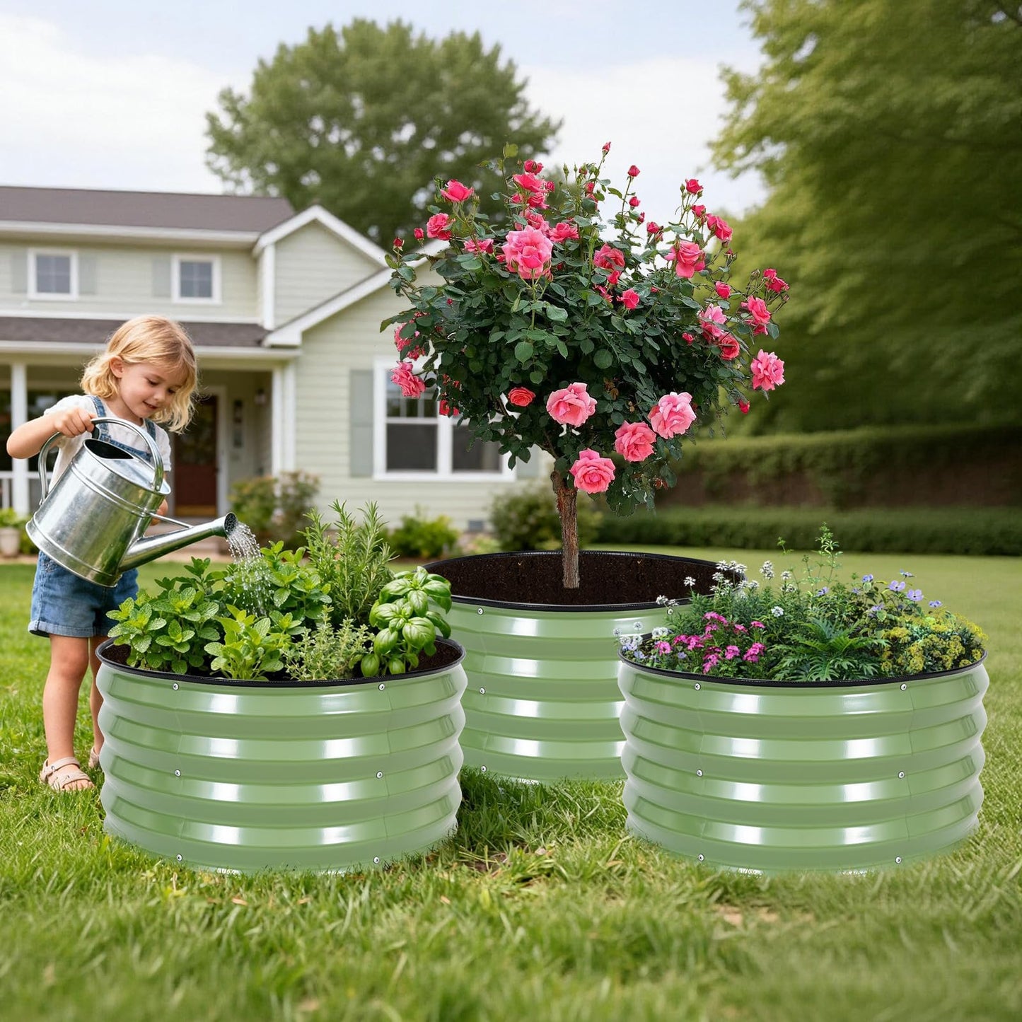 INNO STAGE 3 Pcs Round Galvanized Raised Garden Bed — 2×2×1ft Planter Box Outdoor Raised Beds Kit for Gardening Vegetables, Fruits, Herbs, and Flowers, Olive Green