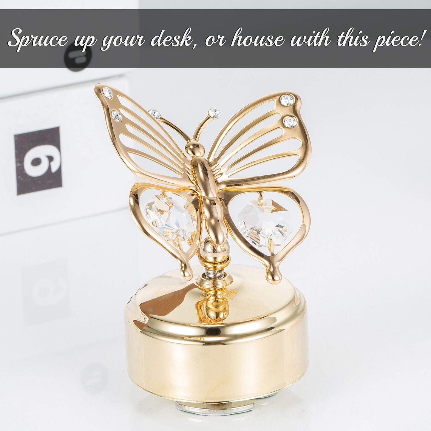 Matashi Christmas Music Box – 24K Gold Plated Butterfly Figurine with Crystals, Plays “Memory” – Elegant Tabletop Showpiece for Christmas, Valentine’s Day, Mother’s Day
