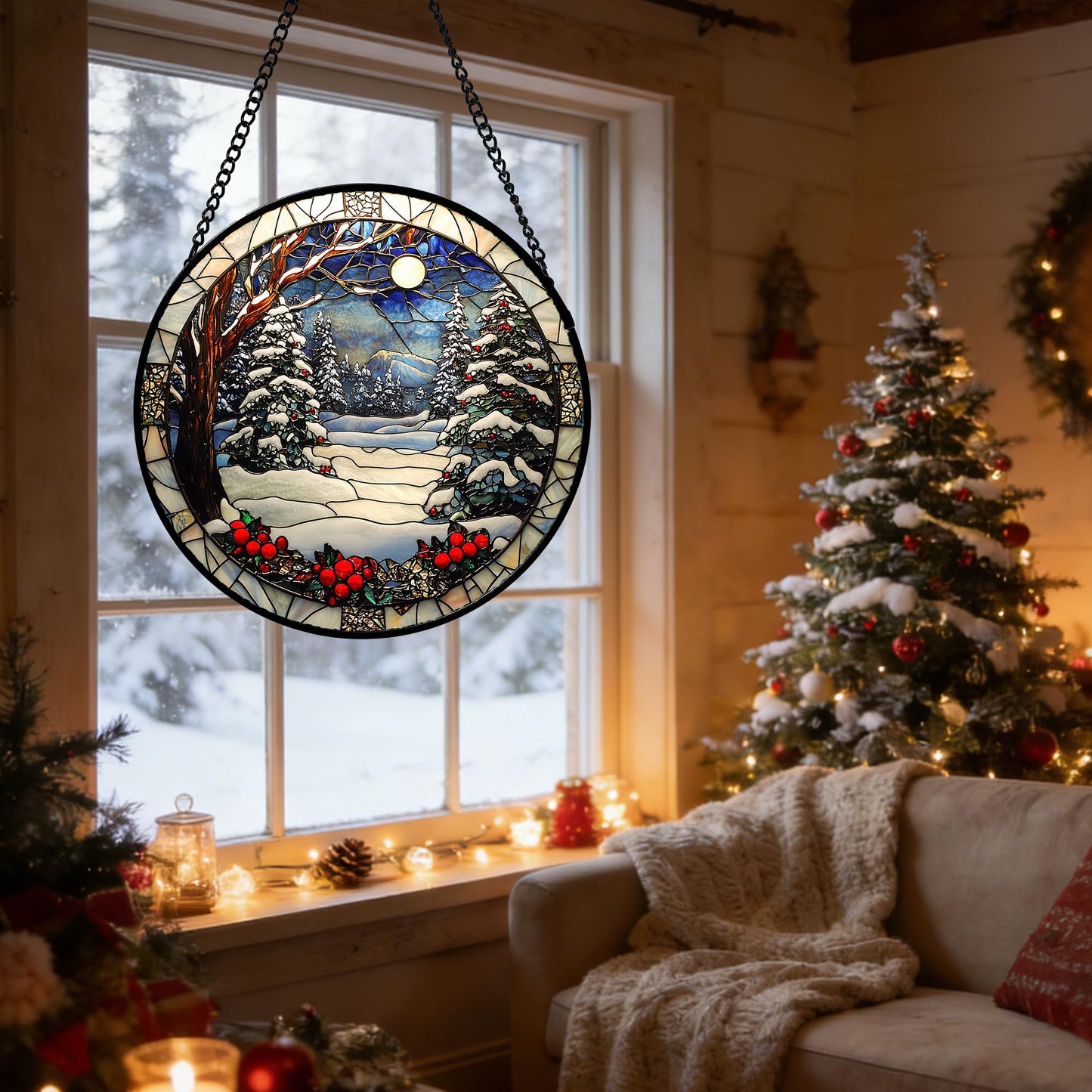 DASTOLL Stained Glass Window Hanging Christmas Tree Winter Snow Night Scenery 7.8" - Suncatcher Door Garden Kitchen Sun Catcher Home Decor Birthday for Mom Men Woman Friend