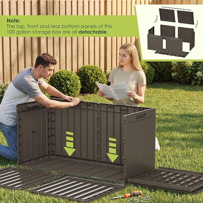 Devoko 100 Gallon Outdoor Storage Box, Waterproof Resin Deck Box for Patio Furniture, Lockable Container for Garden Cushions & Pool Supplies (Brown, 100 Gallon)