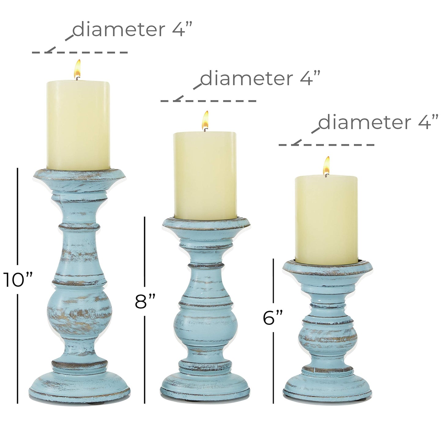 Deco 79 Mango Wood Decorative Candle Holder Distressed Turned Pillar Candle Stand, Set of 3 Candlestick Holder 6", 8", 10"H, Light Blue