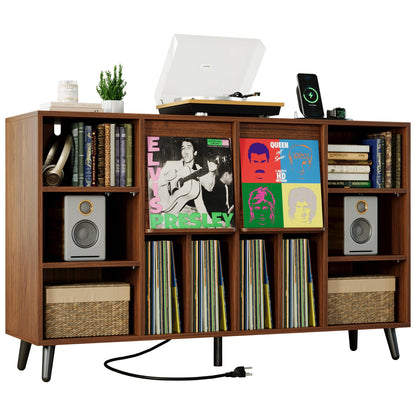 IRONCK Large Record Player Stand 55", Holds 600+ Vinyl Record Storage Cabinet with Charging Station, Mid Century Modern Turntable Stand for Living Room, Bedroom, Brown