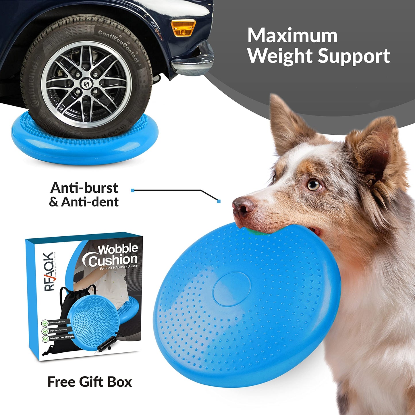 RFAQK Inflated Air Stability Wobble Cushion - Wiggle Seat to Improve Sitting Posture & Attention, Stability Balance Disc for Physical Therapy Exercise [Extra Thick, Pump, Bag, E-Book Included] (Blue)