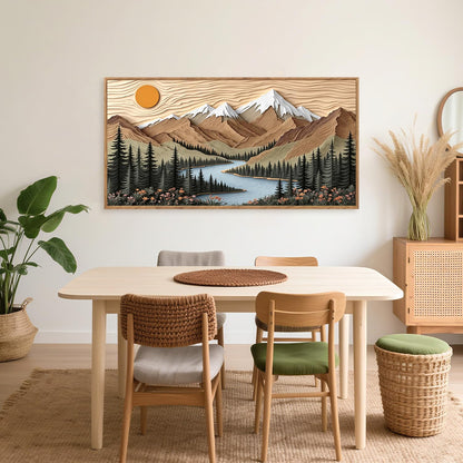 CHDITB Mountain Framed Wall Art, Long Horizontal Mountains Wall Decor, Sun Lake Pine Trees Nature Wall Painting, Modern Rustic Farmhouse Landscape Art Prints for Bedroom Office Decoration 20"x40"